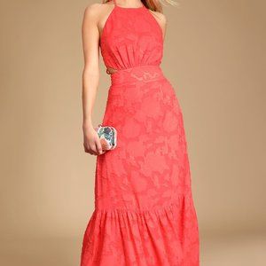 Touch of Elegance Coral Floral Burnout Halter Maxi Dress